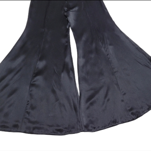 1970s Vintage Black Satin Handmade High Waisted Extreme Bell Bottom Trousers XL - Picture 8 of 10